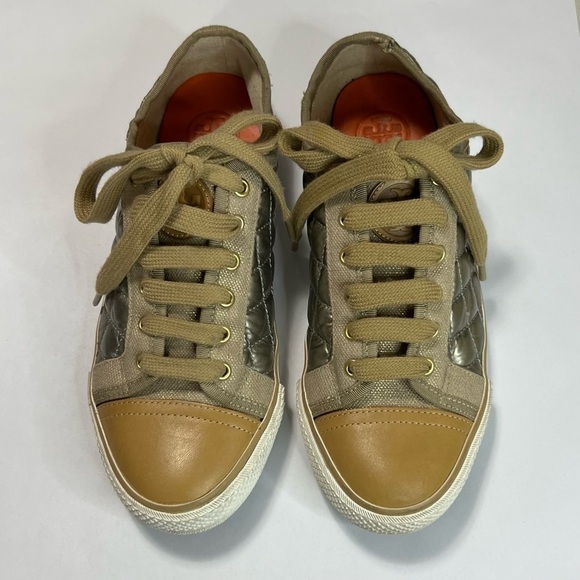 TORY Burch Caspe Lace Up Sneaker in Platinum Wheat Orange - Picture 2 of 14